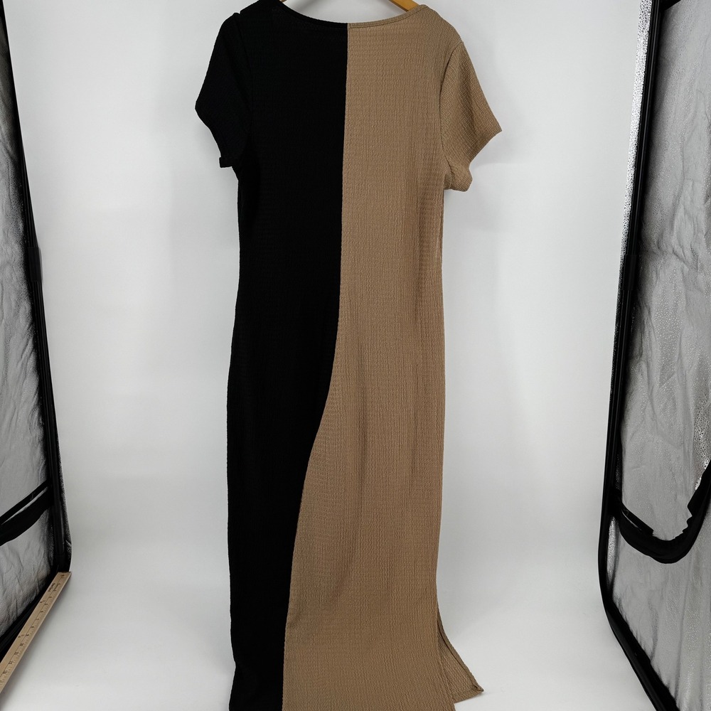 Shein Curve 2XL Maxi Dress Black Tan Color Block Slit Seersucker - Picture 10 of 10